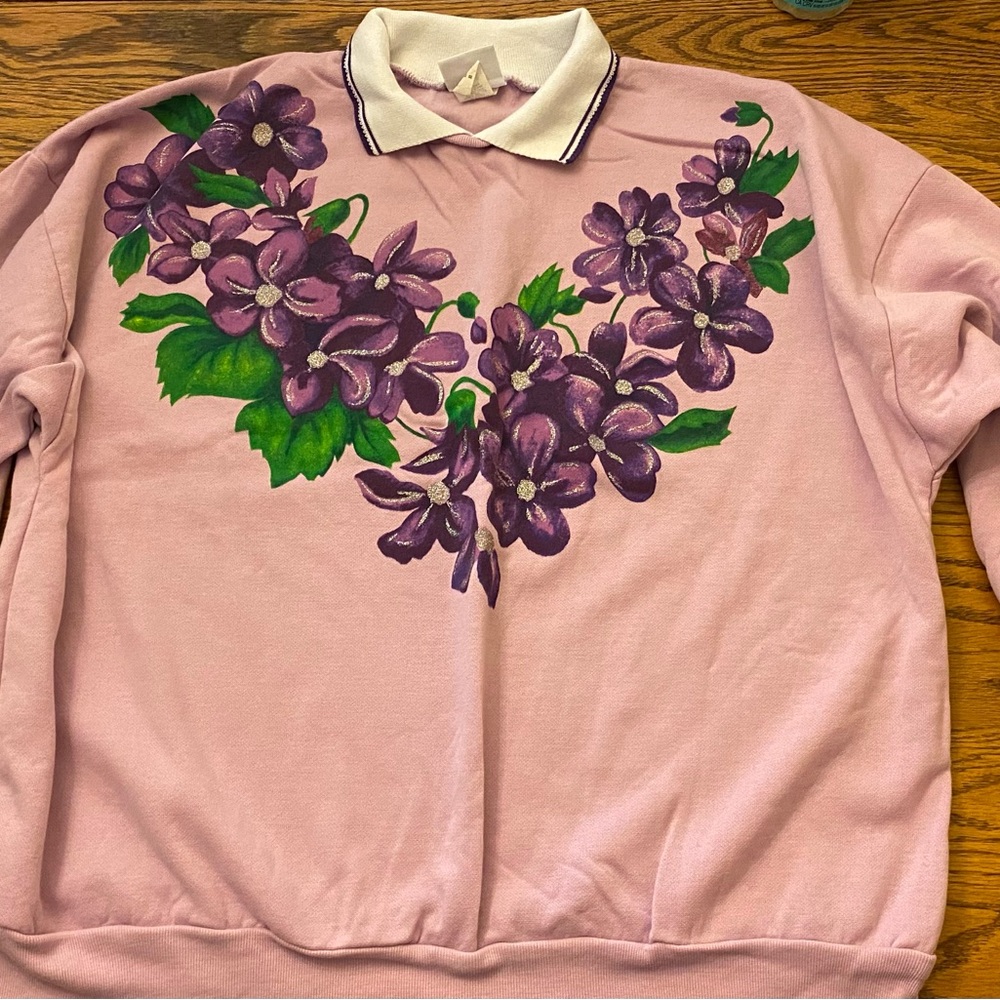 Vintage Haband Sweatshirt Floral Grandma Cottage XL Pastel 80s Purple